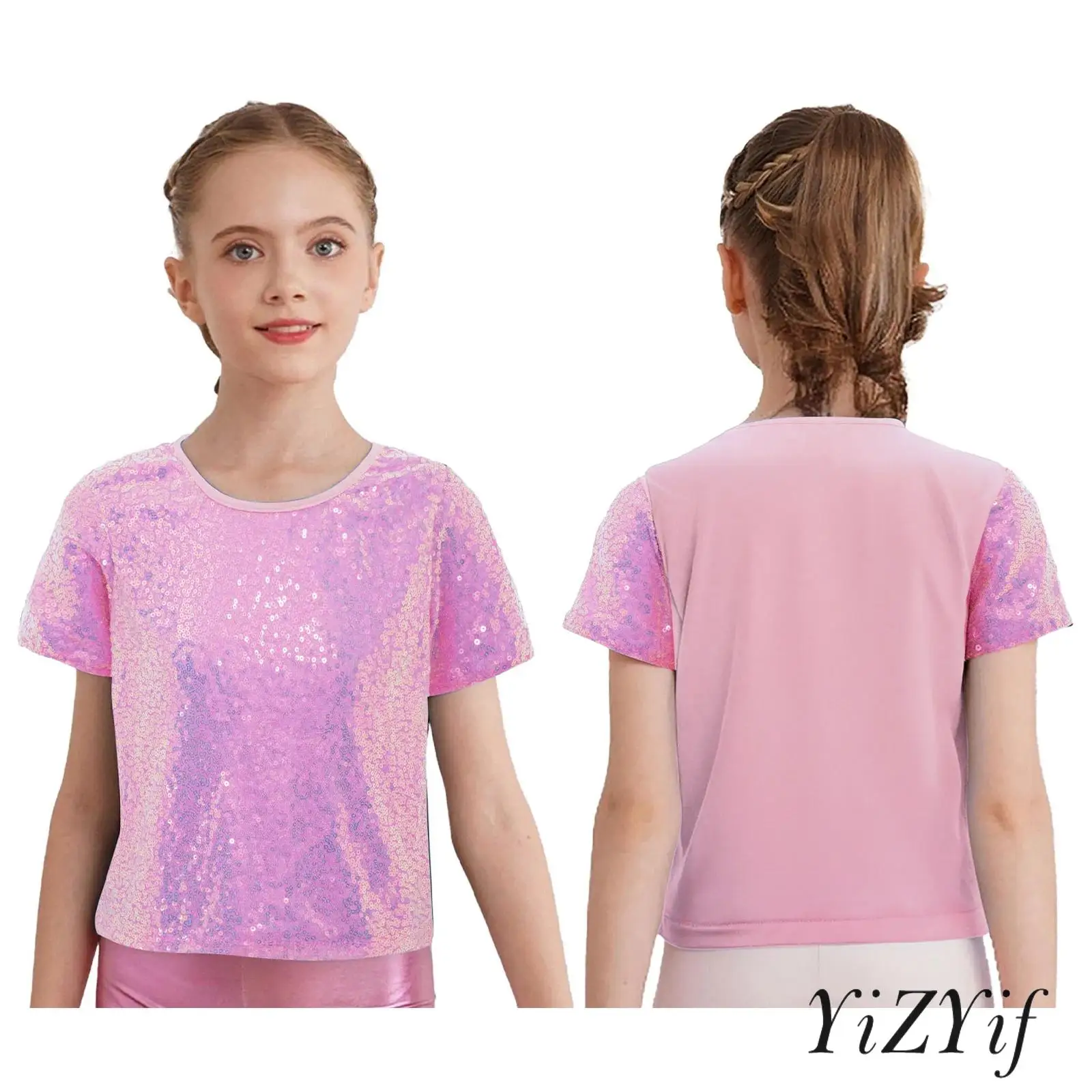 

Childrens Girls Hip Hop Jazz Dance Style Party T-Shirt Sparkling Sequin Tee for Cheerleading Competition And Costume Events