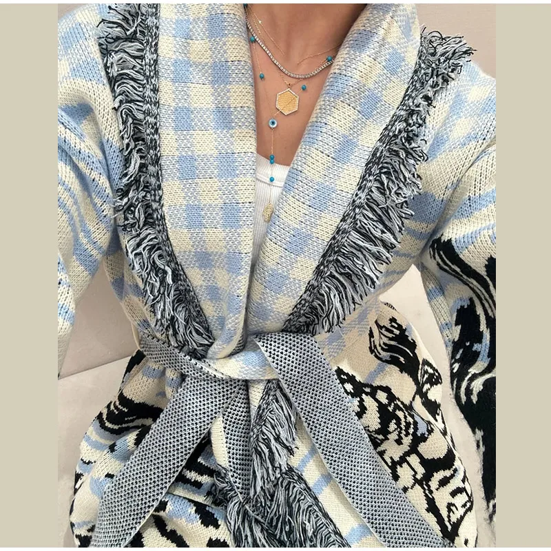 Knitted Jacquard Tassels Patchwork Cardigans Women Sweaters Long Sleeve V-neck Thicken Vacation Sweater 2025 Autumn Coats Tops