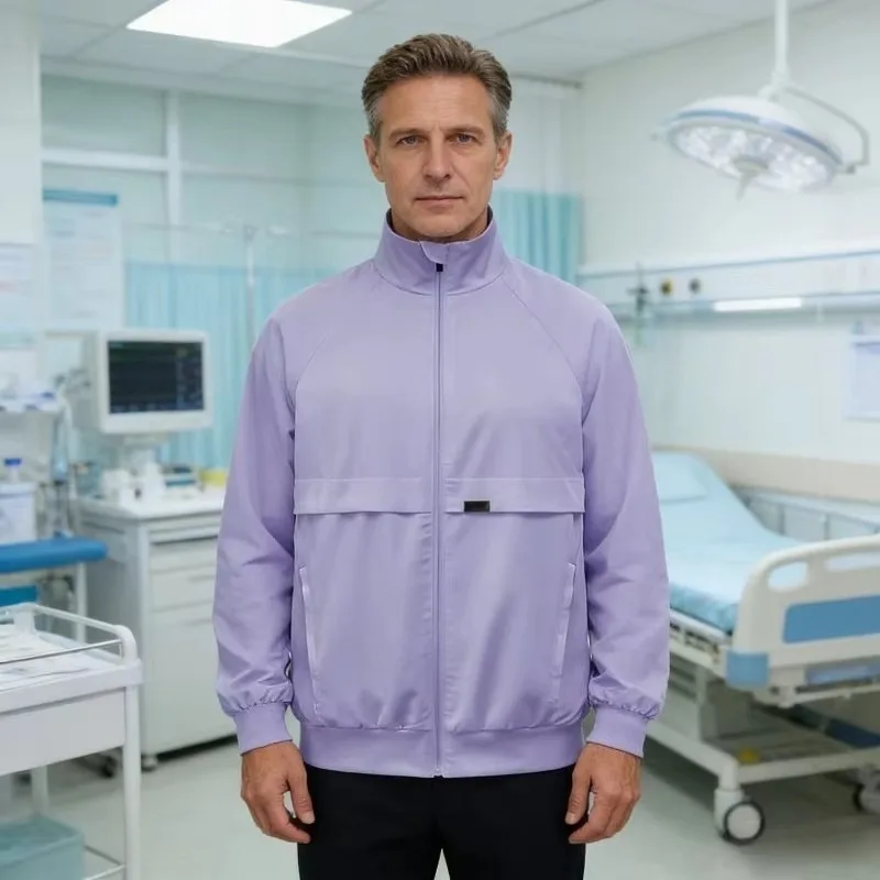 Chirurgischer Kittel, Langarmjacke, Stehkragen mit mehreren Taschen, medizinische Handschuhe, Arbeitskleidung für Krankenschwestern