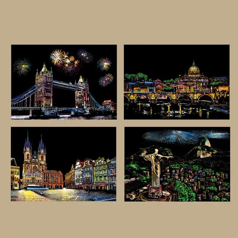 4PCS City Night Scene Scratch Painting Engraving ArtSet Parent Child Interactive Game Leisure Entertainment Option Creative Gift