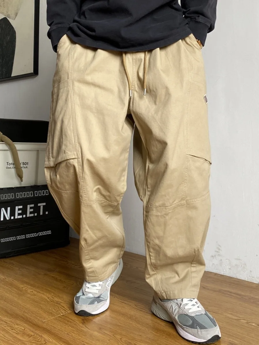 

American Casual Khaki Color Big ket Work Pants Men Spring Autumn Straight Loose Match All Wide Leg Pants Men