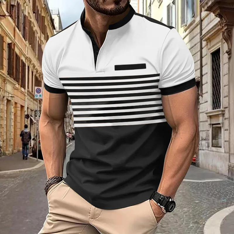 Summer Korean Men\'s POLO Shirt Zipper Printed Striped Lapel Short Sleeve T shirt for Men Fashion Brand Men Clothing Ropa Hombre