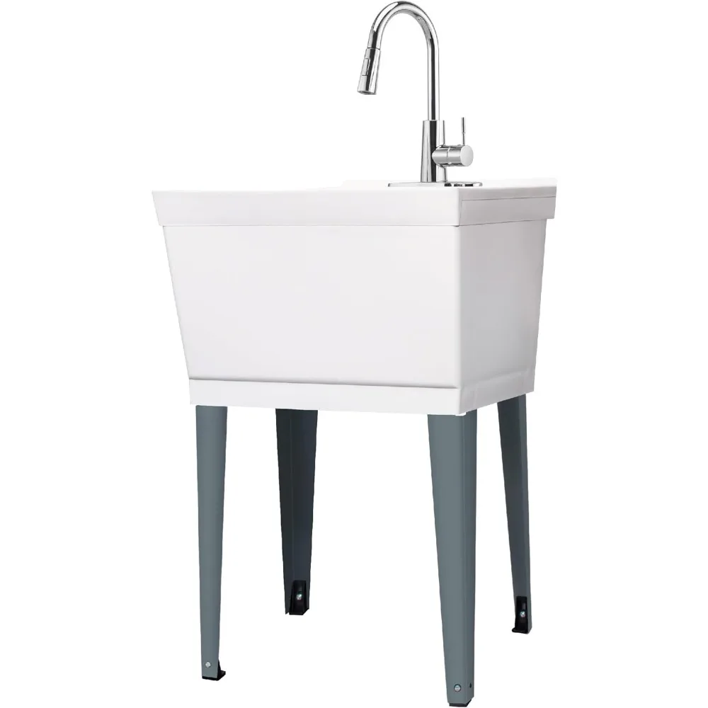 

White Utility Sink Laundry Tub with High Arc Chrome Faucet for Laundry Room Basement, Garage, Shop