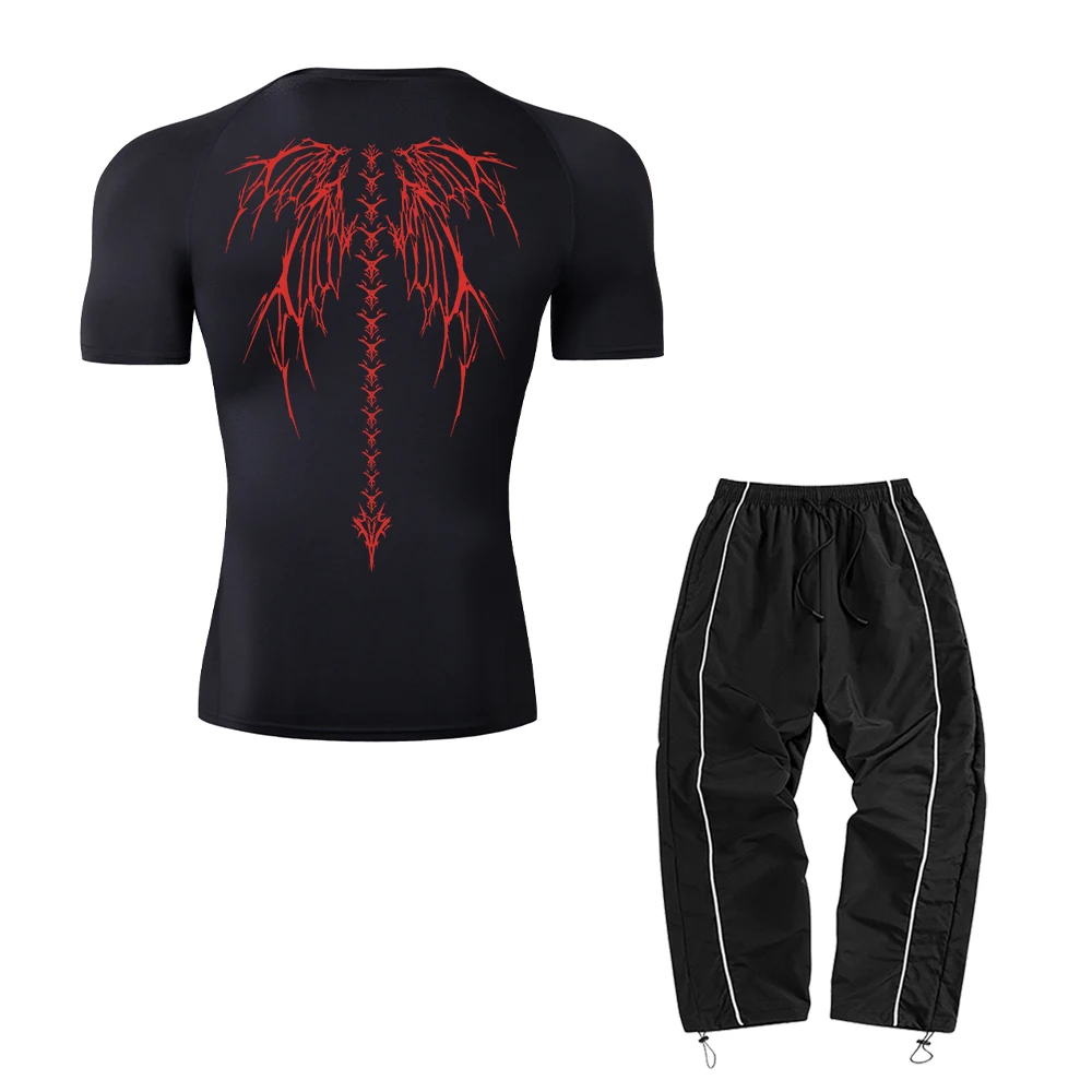 

Свободный мужской спортивный комплект с короткими рукавами, включая футболку и брюки, подходящий для фитнес-тренировок и повседневной одежды