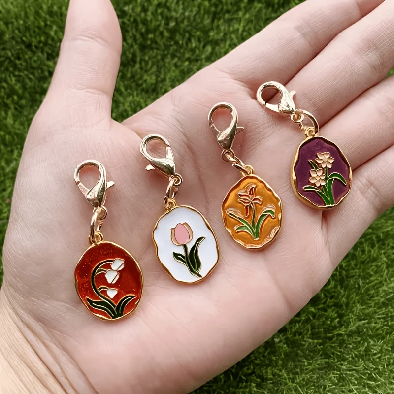4pcs Alloy Enamel Oil Painting Tulip Pendant Colorful Flowers Keychain, Cute Ladies Bag Charm, High Quality Decorative Key Ring.