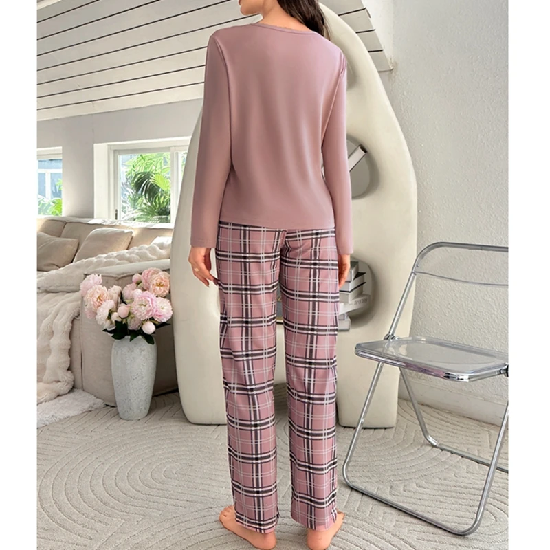 Women Pajamas Long Sleeves Plaid Pants Pajama Sets Autumn Winter Milk Silk O-neck Woman Loungewear Girls Nightwear