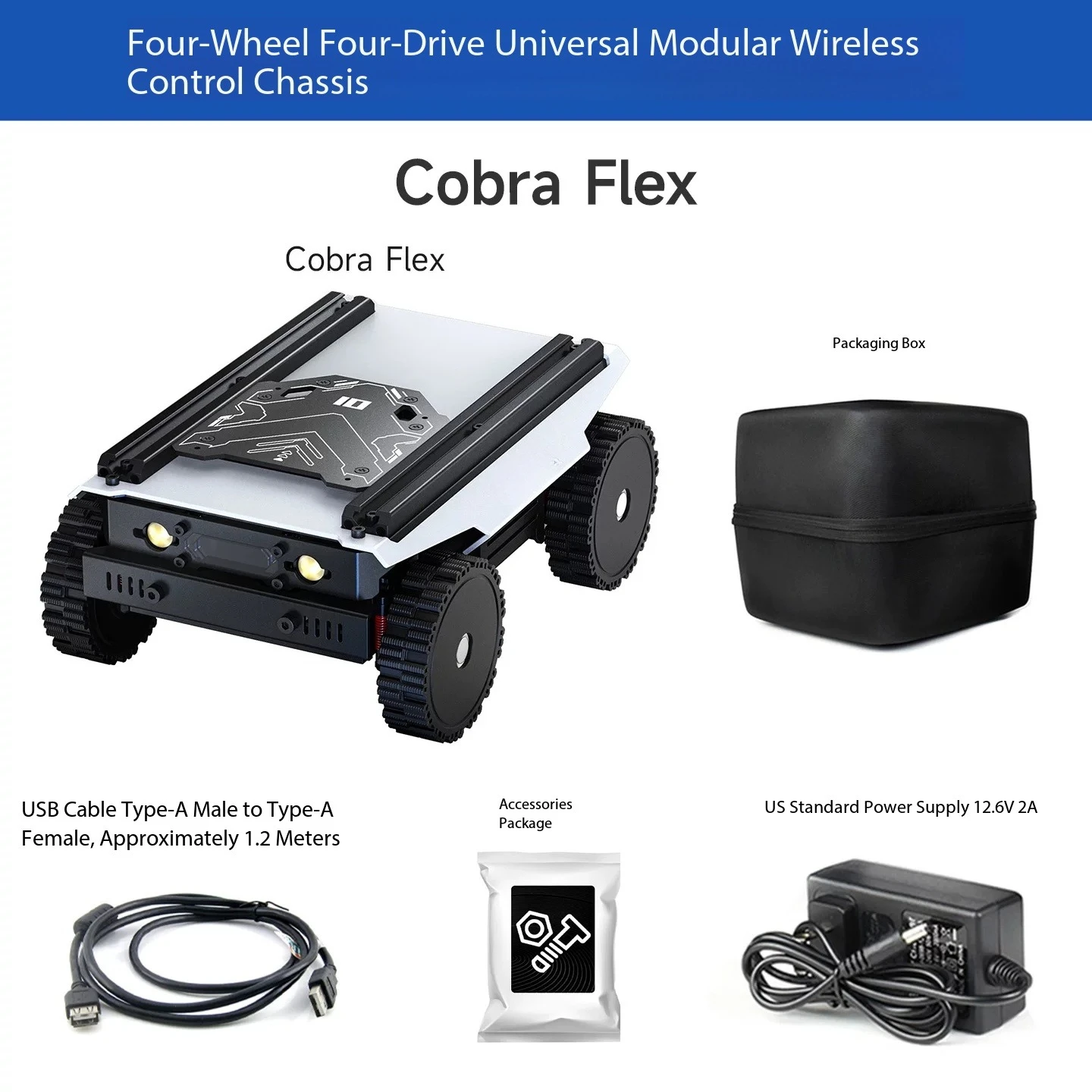 Cobra Flex 4WD Universal Modular Chassis Kit for Robot Building - 4 Wheels Compact Drive-by-Wire Hub Motor Multi-Host Compatible