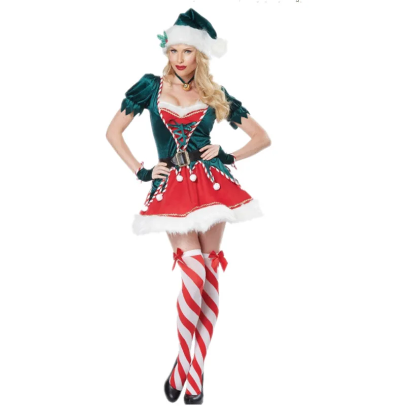 Men Women Velvet Christmas Santa Cosplay Costume Couple Santa Claus Uniform Green Elf Xmas Suit Winter Sexy Fancy Party Dress