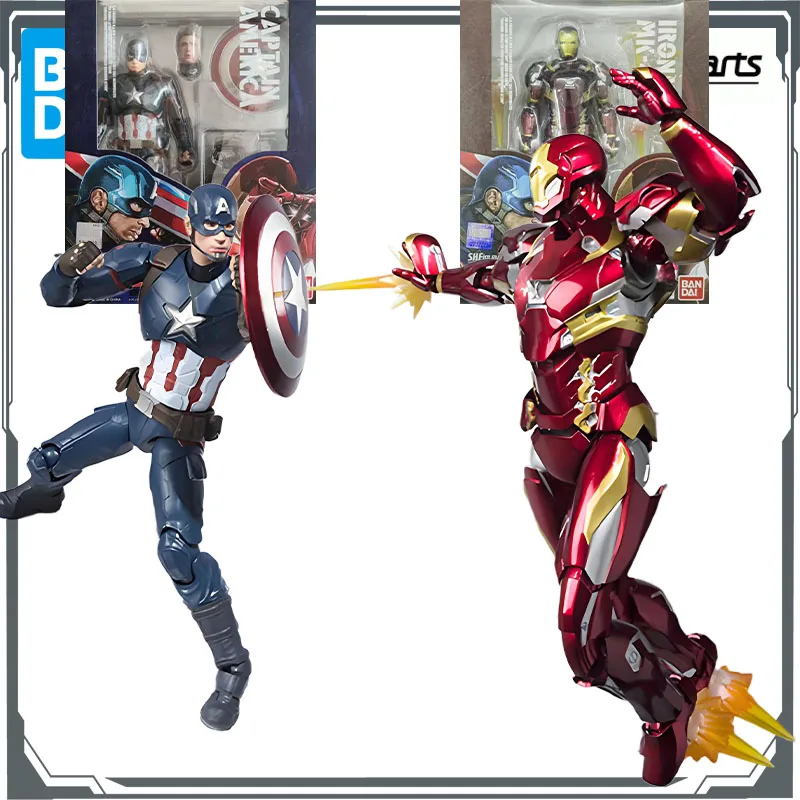 Bandai original s.h. figuarts (guerra civil) homem de ferro mk46 e capitão américa anime figuras de ação brinquedos para meninos modelo de presente de natal