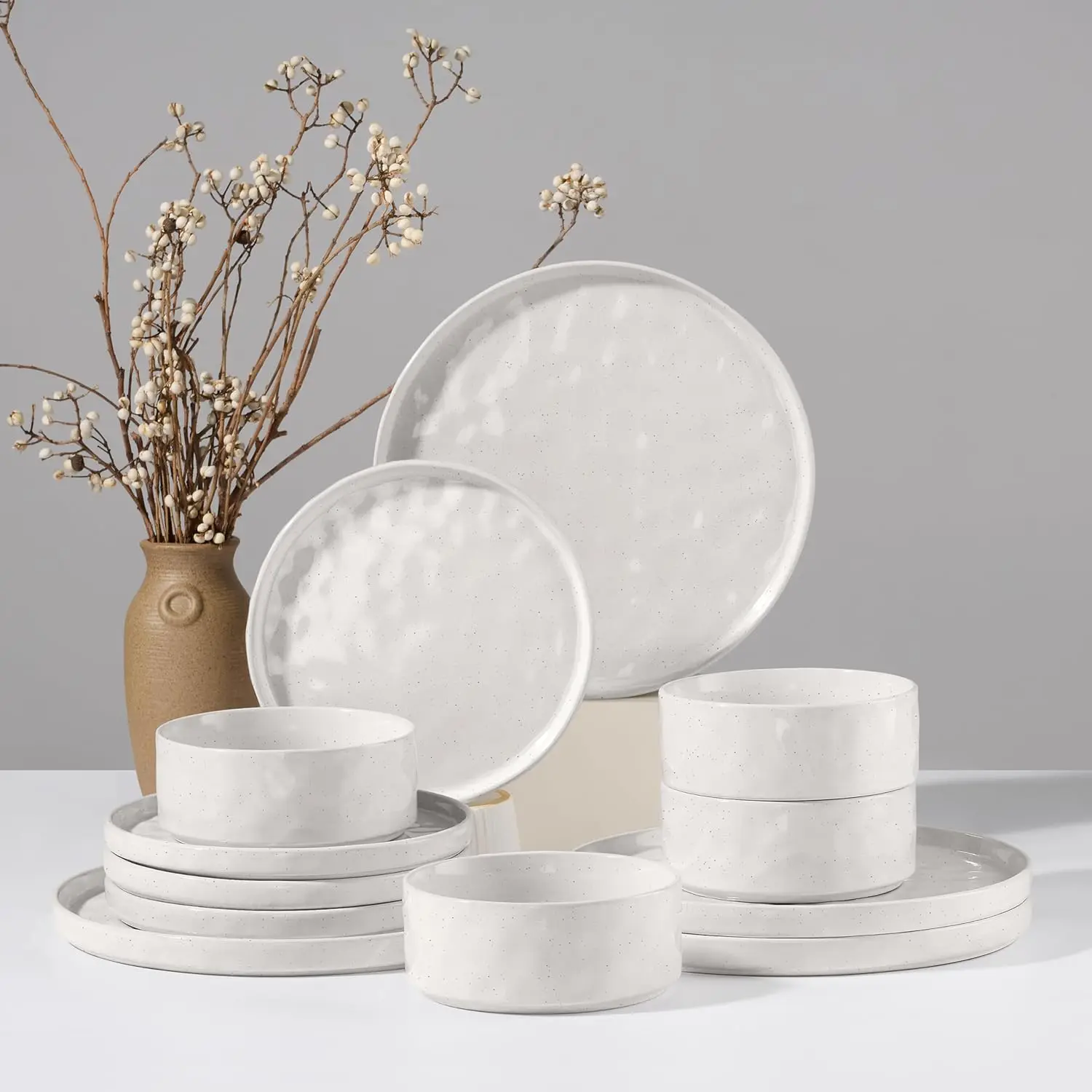 

12-Piece Stoneware Dinnerware Set for 4, Chip-Resistant Plates and Bowls, Microwave & Dishwasher Safe in Speckled White