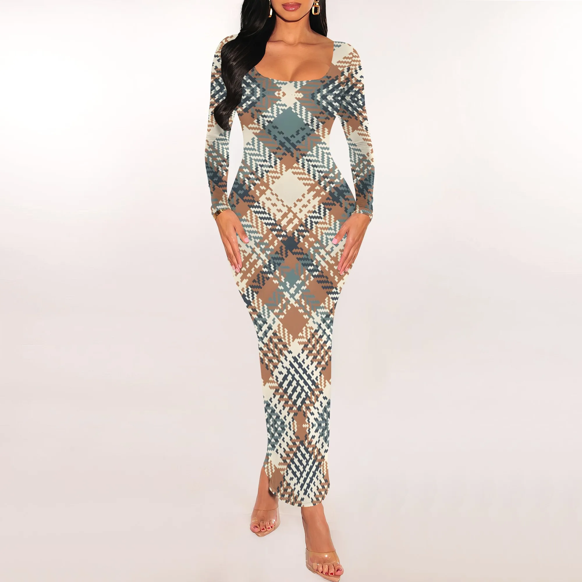 페이즐리 프린트 긴 소매 Bodycon 맥시 드레스 우아한 Boho 스타일 봄 가을 패션