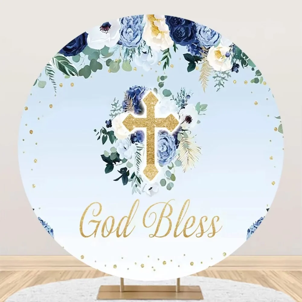 First Communion Baptism Religious Floral Cross Round Background Baby Kids Portrait Baptism Party Home Decor Photo Backdrop Props