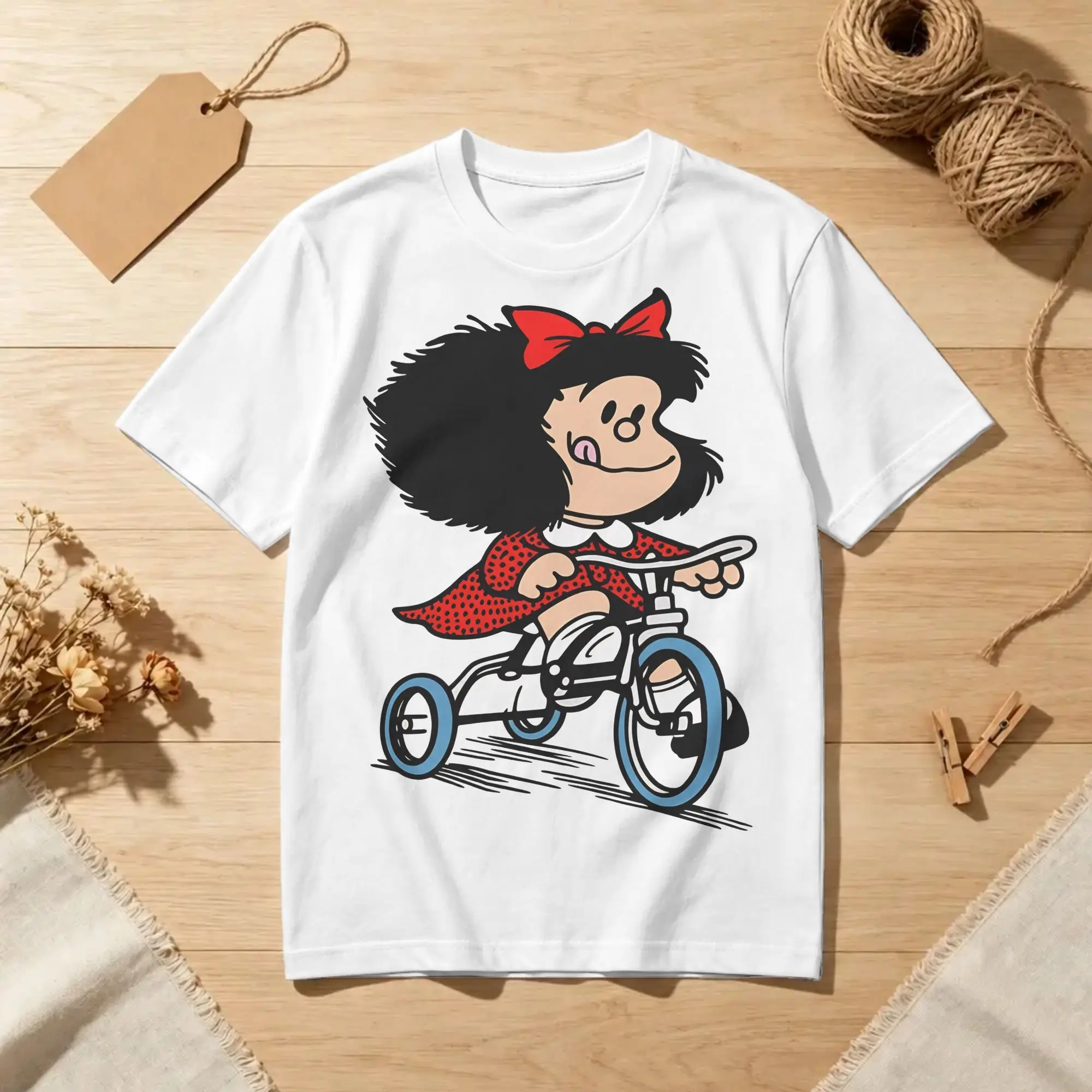 Camisetas Mafaldas de bicicleta para homens e mulheres, camiseta vintage de algodão puro, gola redonda, manga curta, roupas plus size