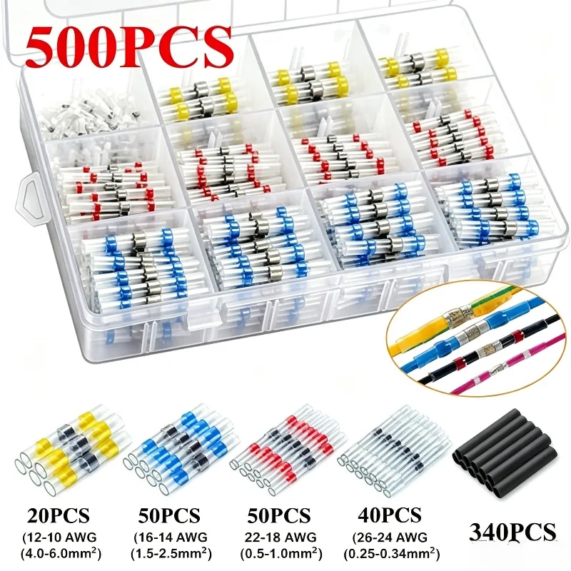 500pcs Solder Seal Heat Shrink Wire Connectors Waterproof Heat Shrink Solder Ring Terminals Insulated Splice Connectors Kit