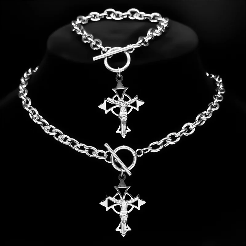 Catholic Jesus Cross Crucifix Necklace Bracelet Set for Women Stainless Steel Fashion Chain Jewelry collares para mujer