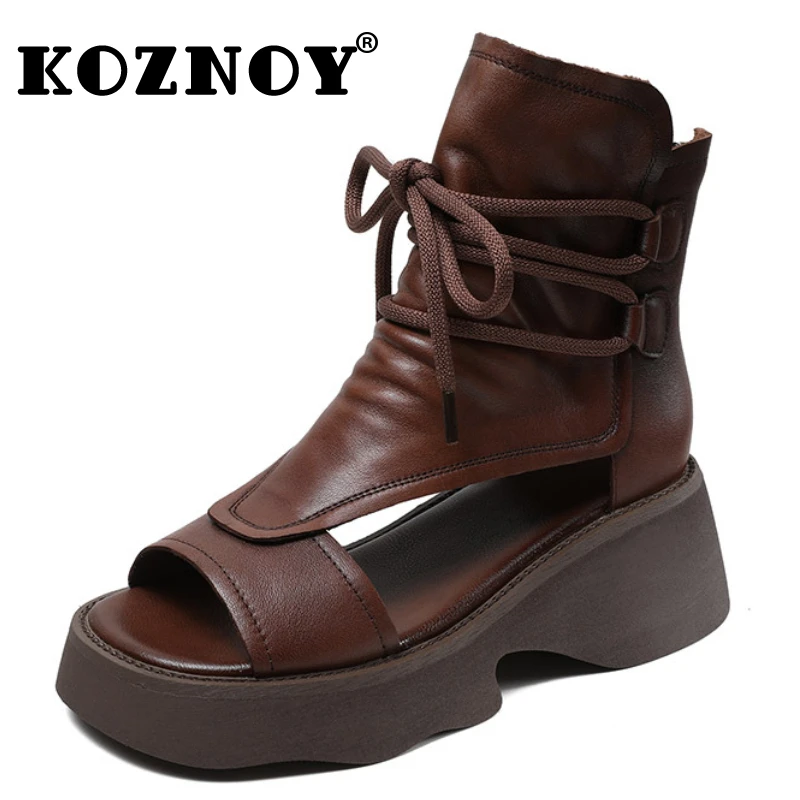 

Koznoy 6cm Genuine Leather Fashion Women Hollow Chimney Moccasins Summer Ankle Booties Motorcycle Natural Boots Sandals Shoes