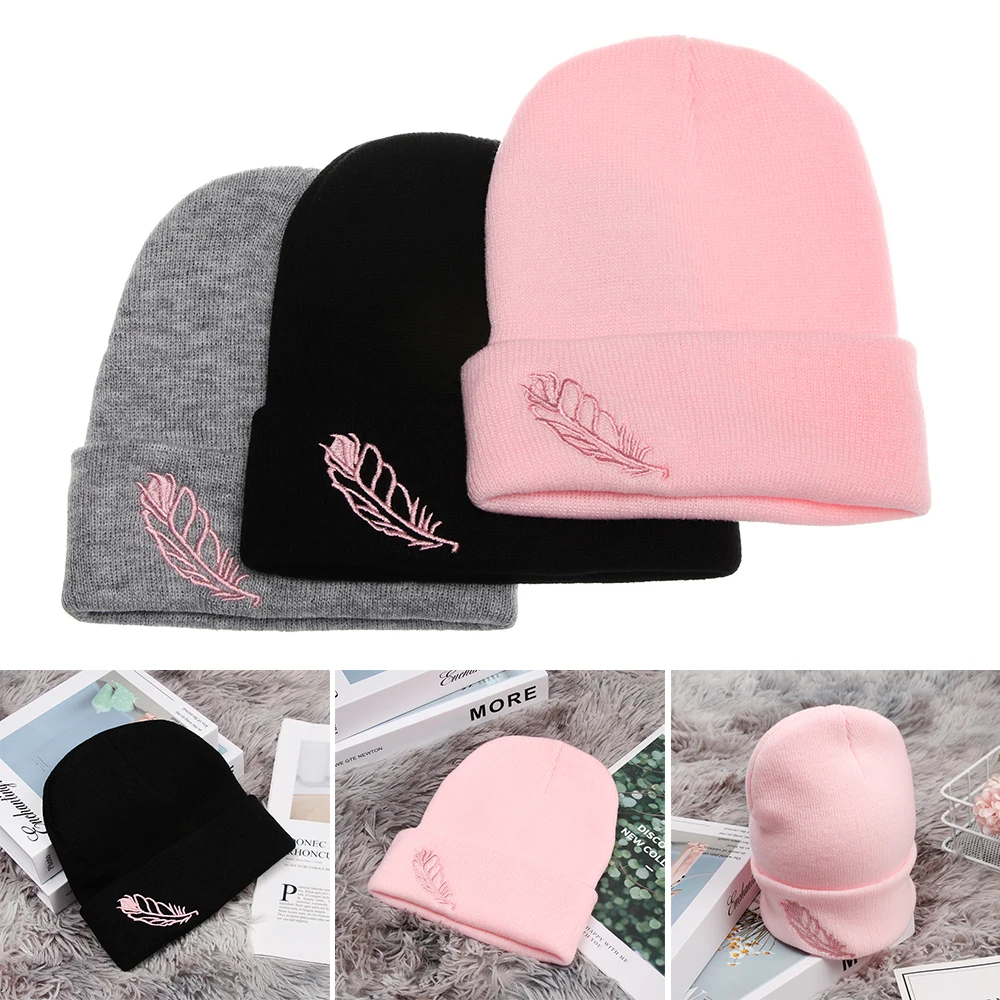 1PC Hot Sale Women\'s Cotton Beanies Hat Warm Snow Knitted Knit Hat High Quality Crochet Winter Feather Embroidery Leaf Knit Hat