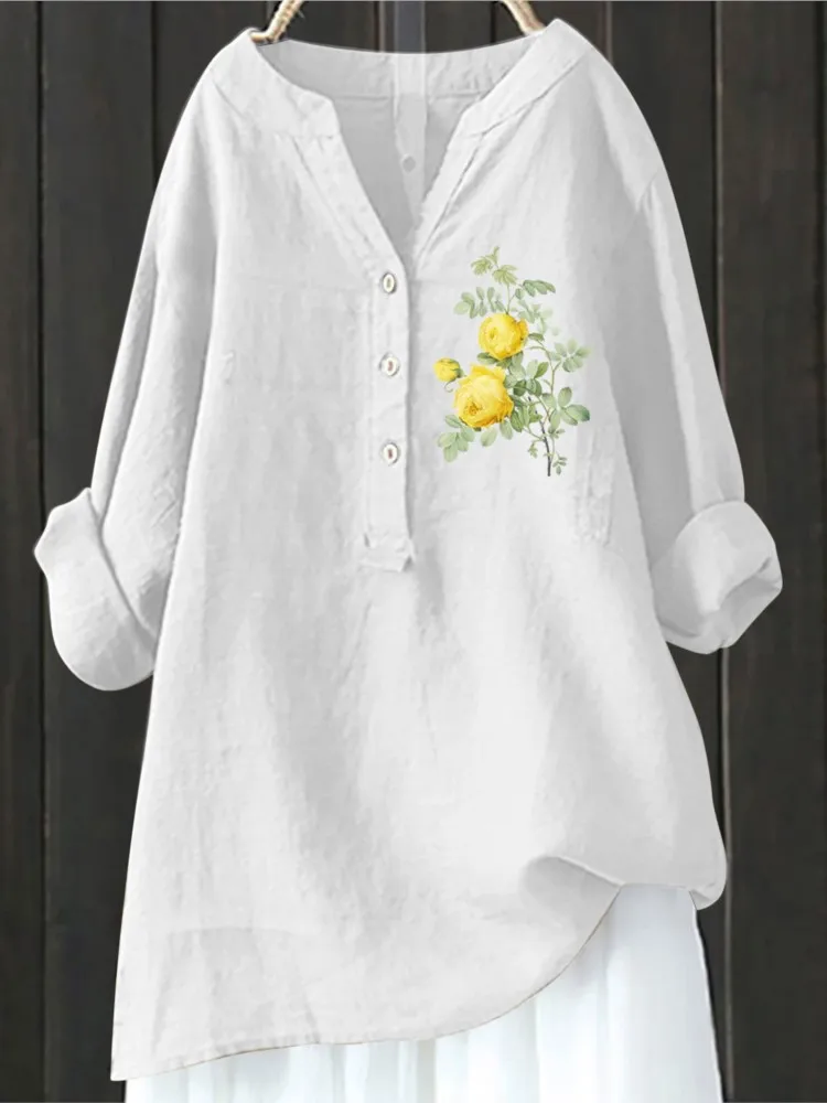 Fashion Buttons Long Sleeve Linen Tops And Blouses Women 2024 Autumn Loose Casual Daisy Print Shirts Women\'s Top Femme Blouse