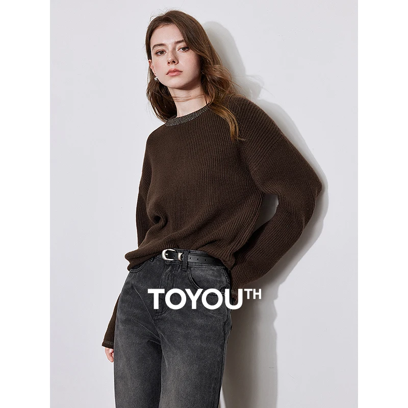 TOYOUTH Women Sweater 2024 Autumn Winter New Lazy Style Round Neck Long Sleeve Solid Color Knitted Pullover Tops