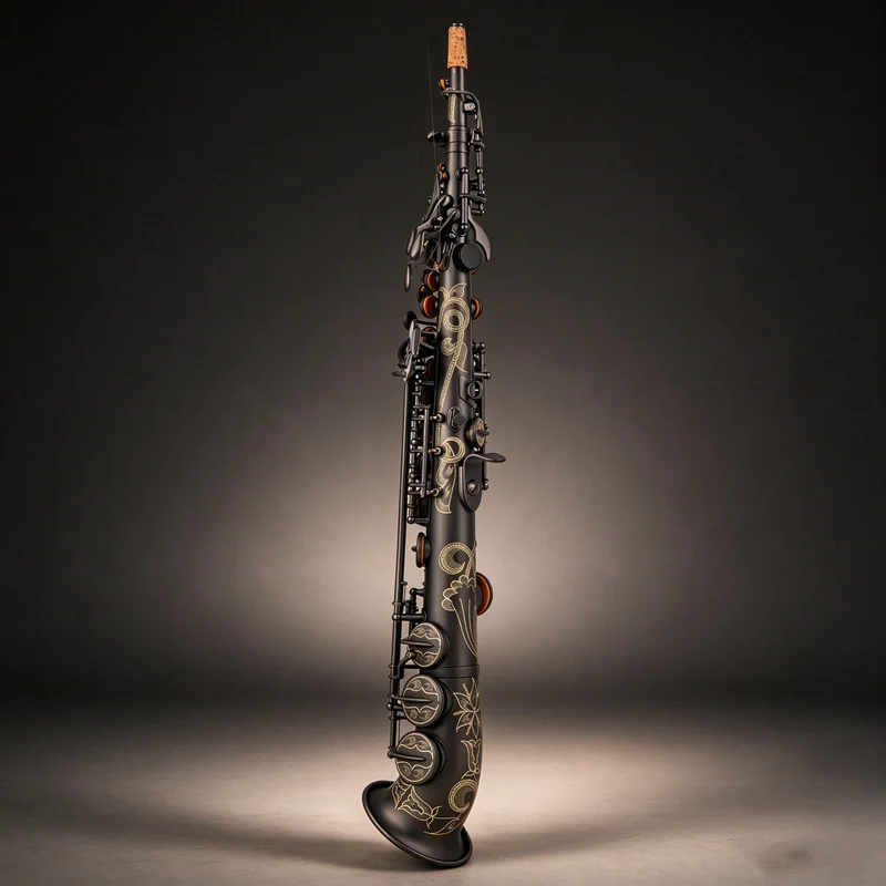Professional B Flat Bent Neck Soprano Saxophone, Split Type Straight Soprano Sax with Matte Black Nickel Finish, Woodwind