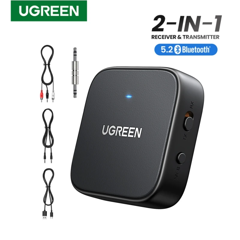 

Bluetooth-приемник UGREEN, адаптер передатчика 2-в-1, беспроводной Bluetooth 5,2 3,5 мм Aux аудио адаптер для ТВ, автомобиля, беговой дорожки