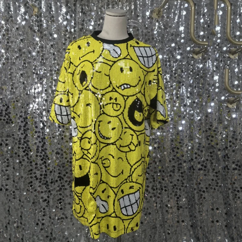 

Runway Summer High Quality Geometric Short Sleeve Sequin Streetwear Loose Fashion T-Shirt Hip Hop Night Club Women's Tops