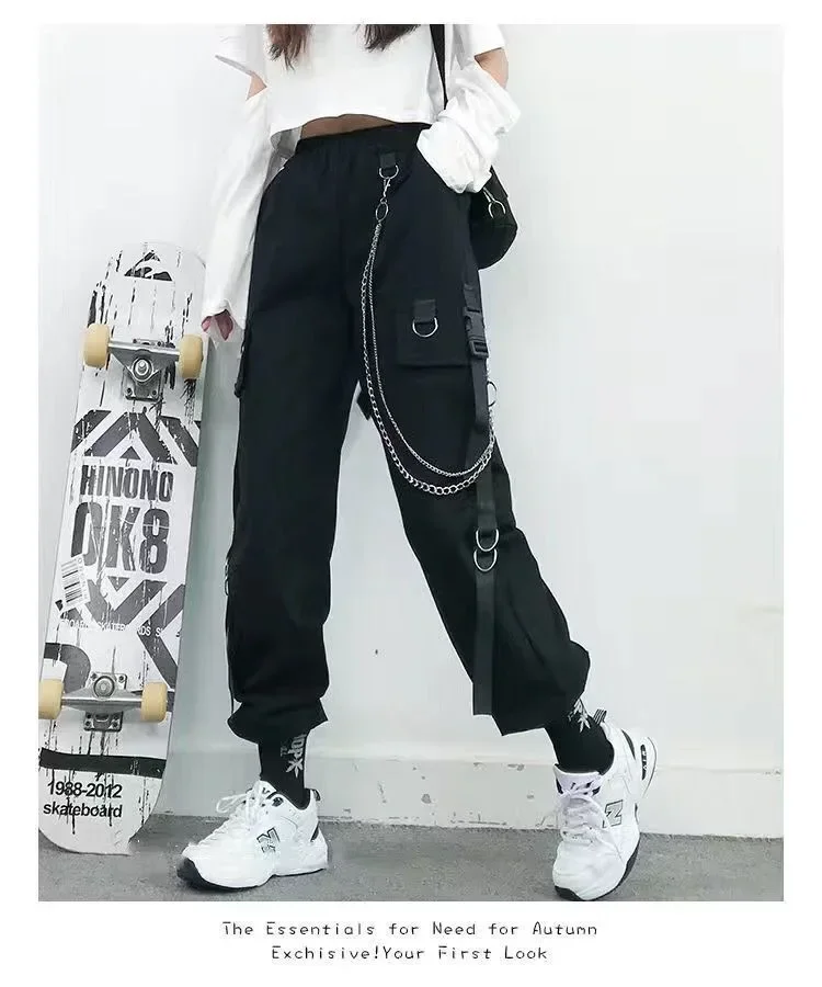 Schwarze Freizeithose für Damen im Frühling und Herbst, koreanischer Stil, Ins Hip-Hop-Student, lockere, hoch taillierte, schmal geschnittene Cargohose, trendig – Detail 12