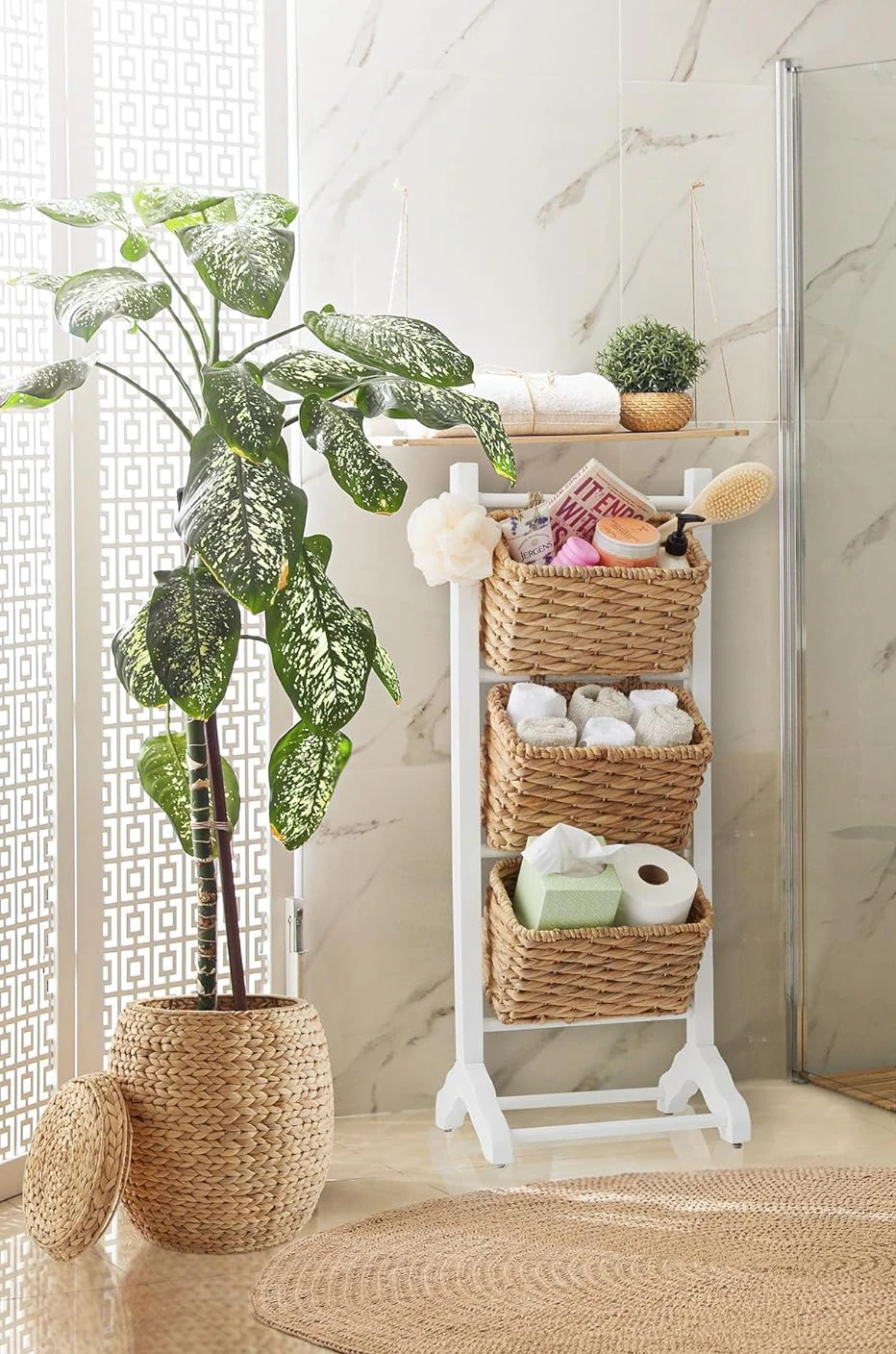 Comfort corner 3-Tier Floor Stand with Water Hyacinth Storage Baskets, White/Natural - Standing Organizer Rack for Bathroom