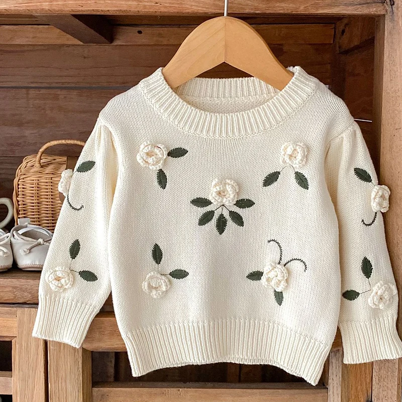 2024 New Autumn Children Clothes Kids Sweater Toddler Baby Girl Knitting Pullover Tops Long Sleeved Floral Embroidery Sweater