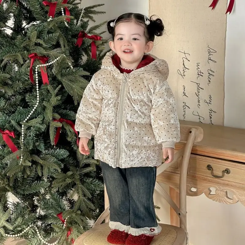 

Осенне-зимняя стеганая куртка для девочек, длинное теплое пальто, топы с капюшоном в горошек, удобная новая модная детская одежда, простой стиль