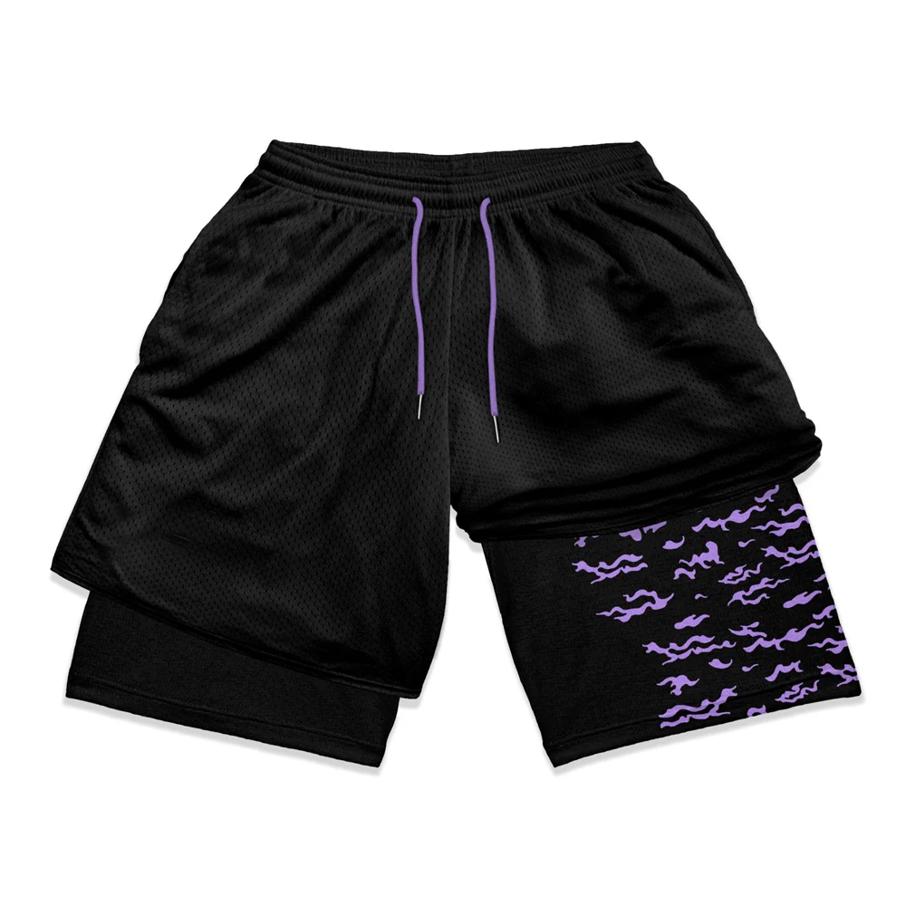 Anime Gym Shorts Men Fitness Gothic Harajuku Manga Performance Shorts 2 in 1 Mesh Quick Dry Athletics Short Pants Summer Workout