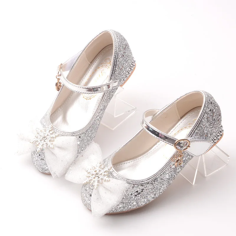 Children's High Heel Shoe Fashion Autumn Girls Princess Glitter Bowknot Leather Shoes Causal Wedding Kids Sequines Dancing Shoes