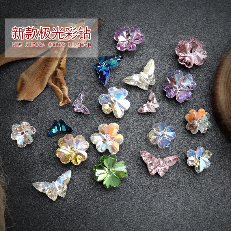 5PCS Sparkle Colorful 3/4 Leaf Flower L Mini Butterfly Sharp Diamonds Crystal Nail Art Rhinestones Decorations Manicure Charms