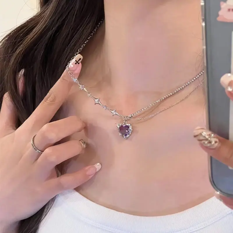 Four pointed star heart-shaped patchwork necklace, light luxurys high-end accessories, trendy and cool, spicy girl hoodie chain