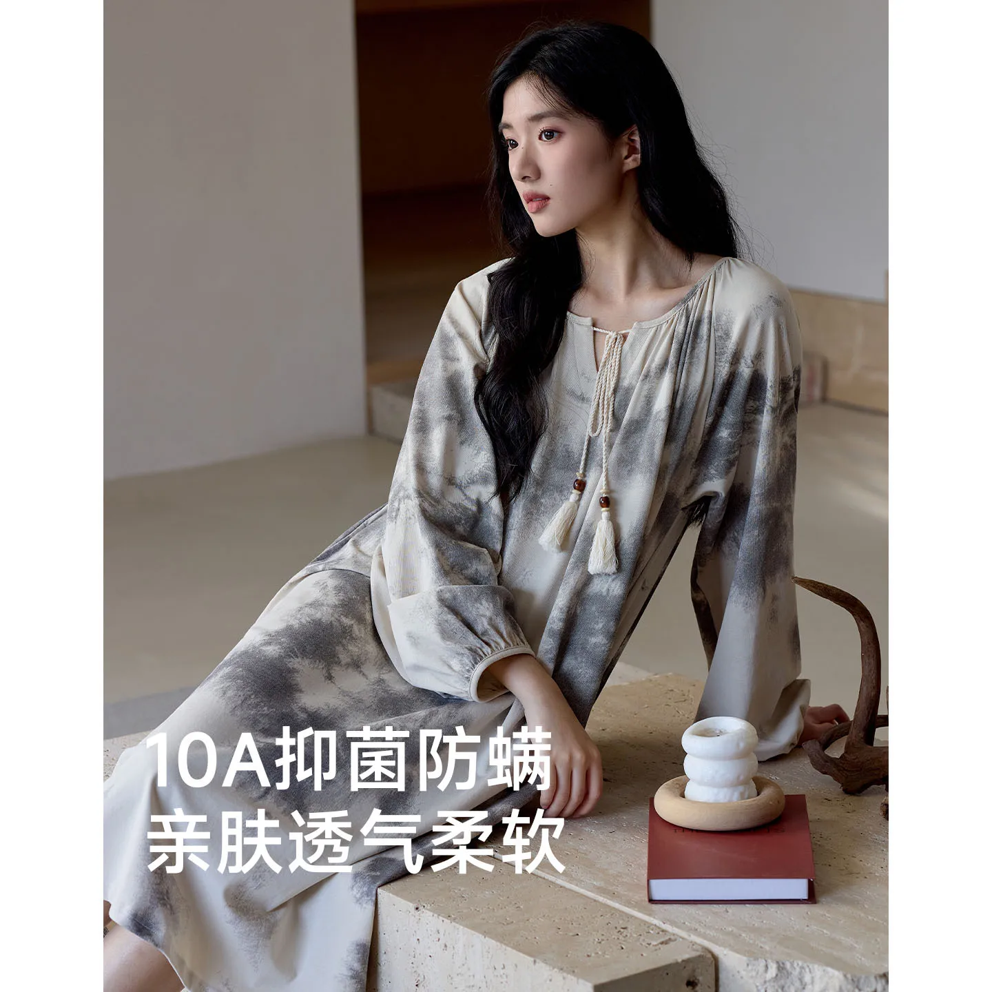 

10А женская антибактериальная ночная рубашка с длинными рукавами из высококачественного чистого хлопка, свободная одежда для сна больших размеров в дворцовом стиле на весну и осень