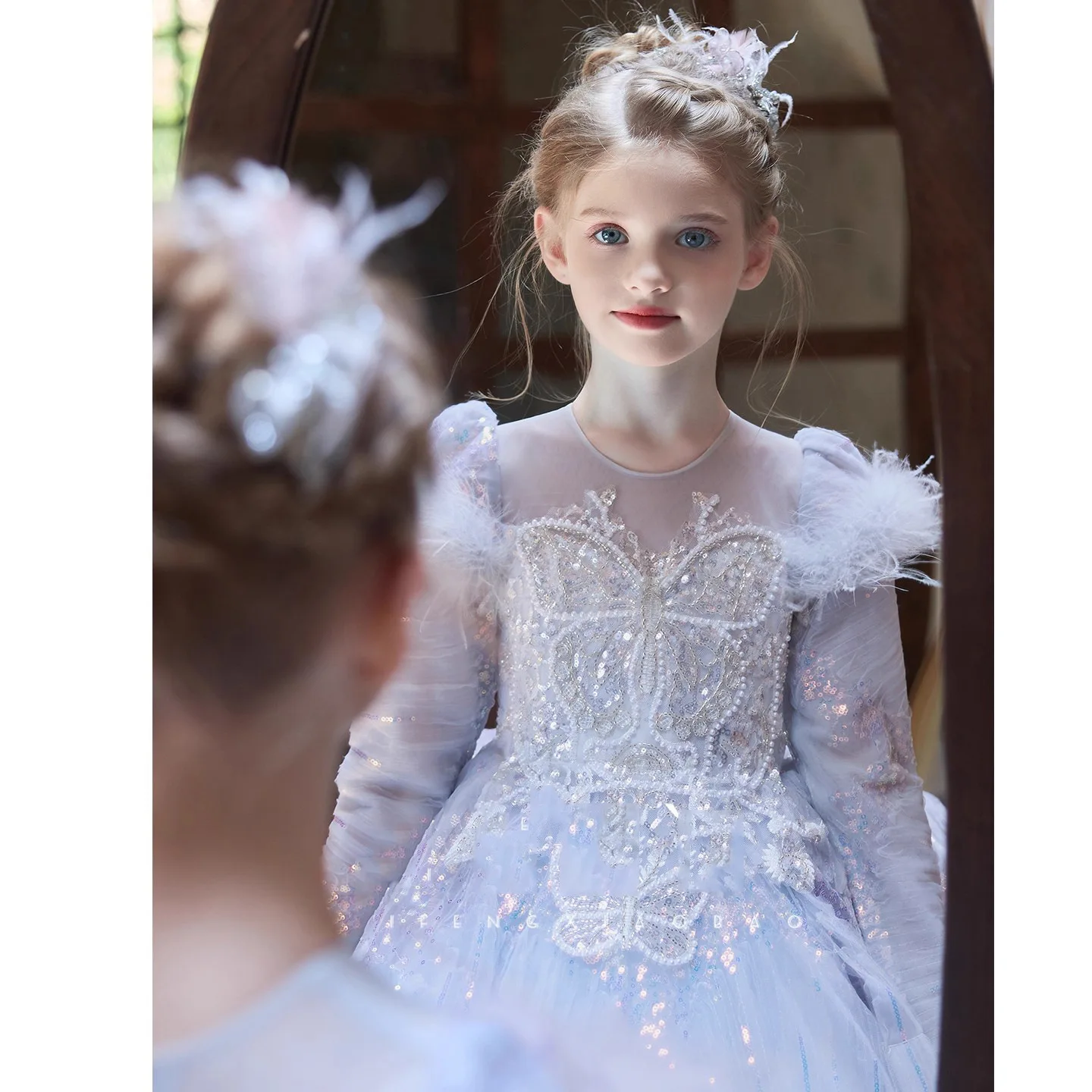 Robe de soirée princesse bleue à manches longues pour filles, en Tulle bouffant, défilé de mode, hôte de spectacle de Piano, spectacle formel