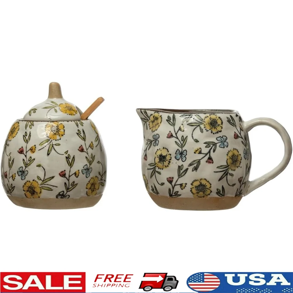 

Hand-Painted Stoneware Sugar Pot Set with Lid Spoon and Matching Creamer Kitchen Decor Unique Home Accent Multicolor 3 Pieces
