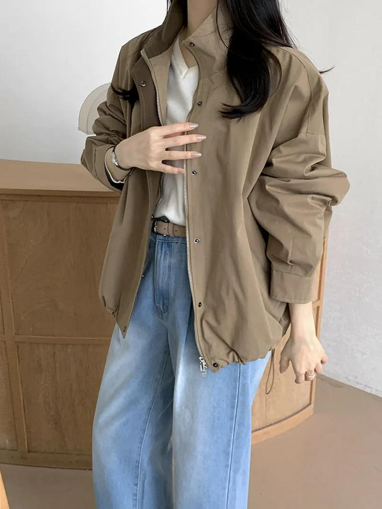 Chic automne nouveau Sle décontracté ample longue Sve fermeture éclair Jaet manteau col montant Dstring ourlet femmes pull en ligne exclusif
