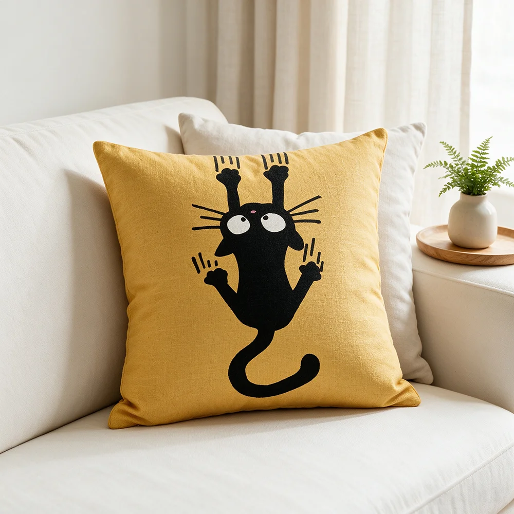 1PC Cute Black Cat Print Pillow Cover Yellow Background Cartoon Climbing Cat Funny Sofa Couch Bedroom Kids Room Home Decor Gift