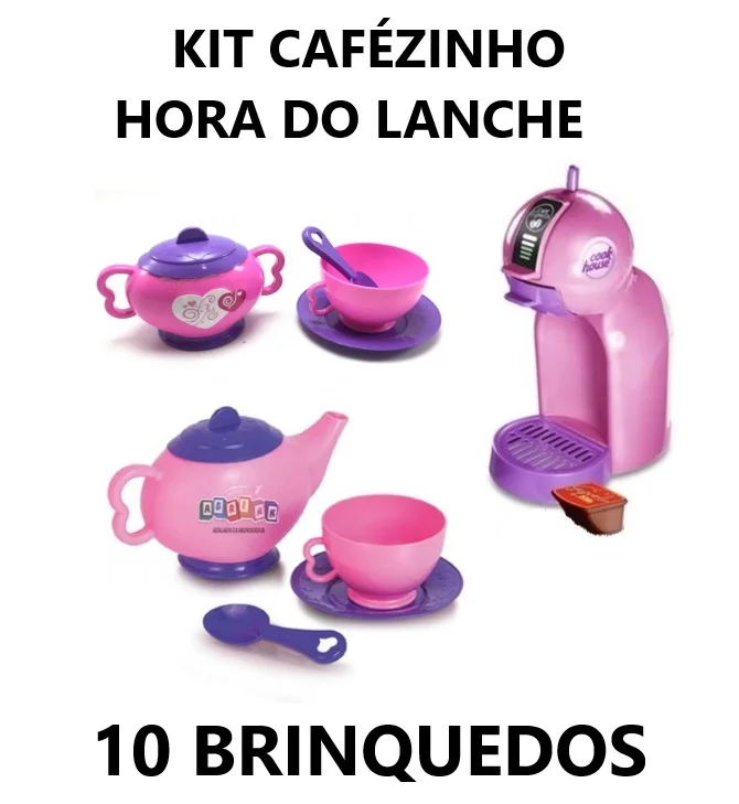 Altimar Kit Cozinha Infantil Cafézinho, 10 Brinquedos Cafeteira with Capsula,1 Bule,1 Sugar Bowl, 2 Xícara,2 Pires, 2 Colher