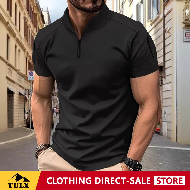 European American Men Summer Short Tactical Training Patchwork Arm Pocket Stand Up Collar Quick Dry Solid Color Short Sleeve