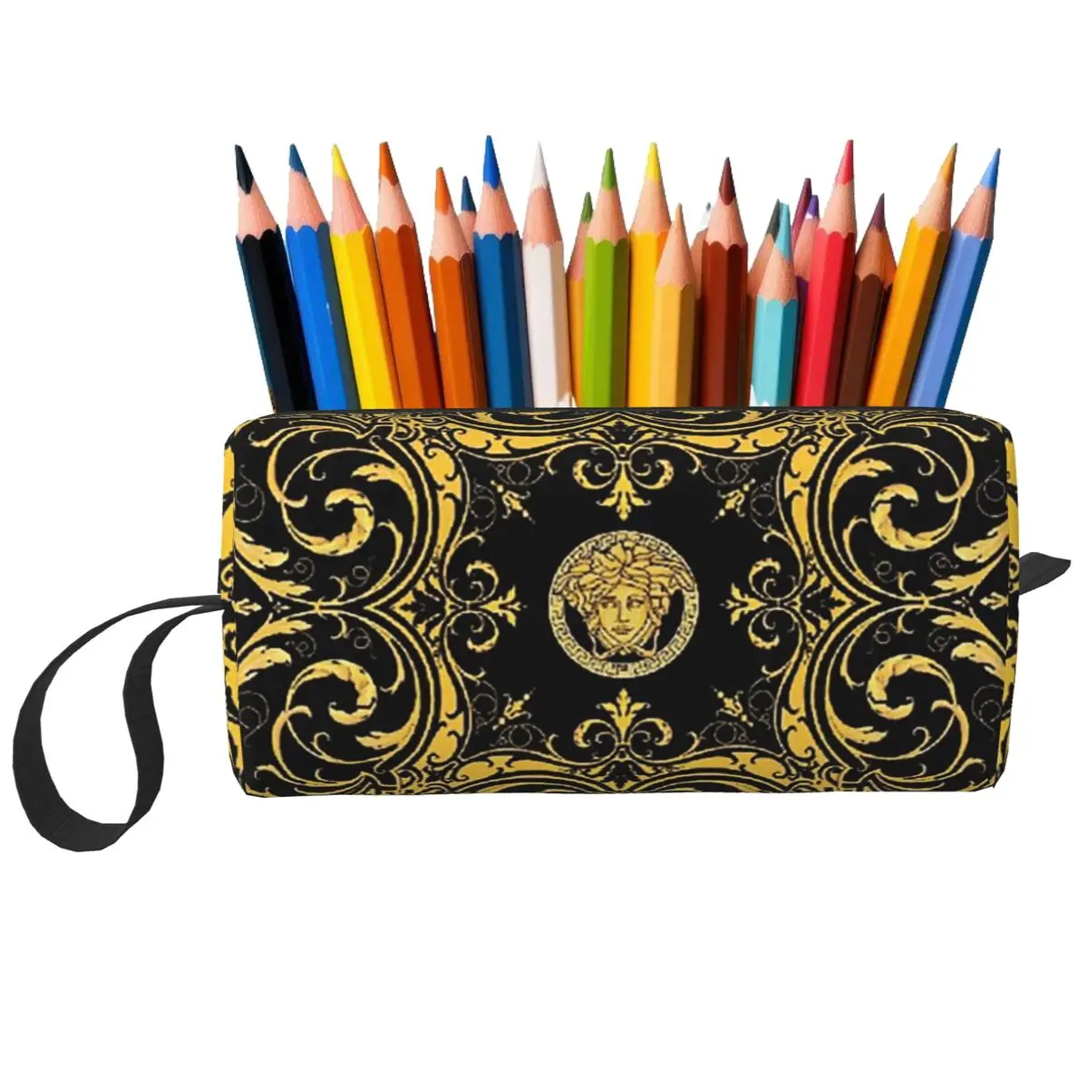 Dekoratives goldenes Medaillon im Barockstil, Federmäppchen für die Schule, Stiftbox, Bleistiftbeutel, Schreibwaren, Reise-Organizer für Damen