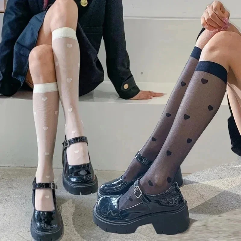 1-2pairs Sexy Sheer Heart Pattern Stockings JK Uniform College Thin Transparent Long Socks Lolita Polka Dot Cross Knee High Sock