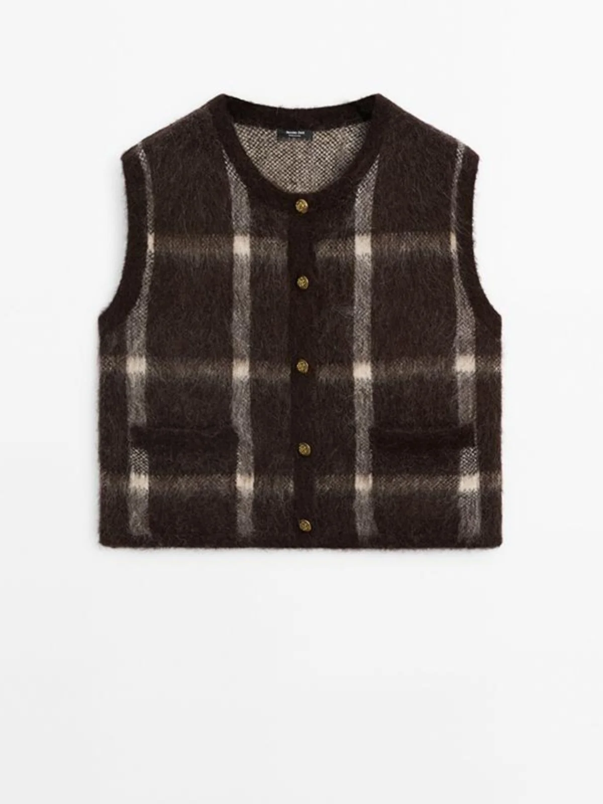 سترة محبوكة أنيقة بياقة مستديرة بنمط مربعات بني جديدة لخريف وشتاء ملابس نسائية للعمل بتصميم عادي