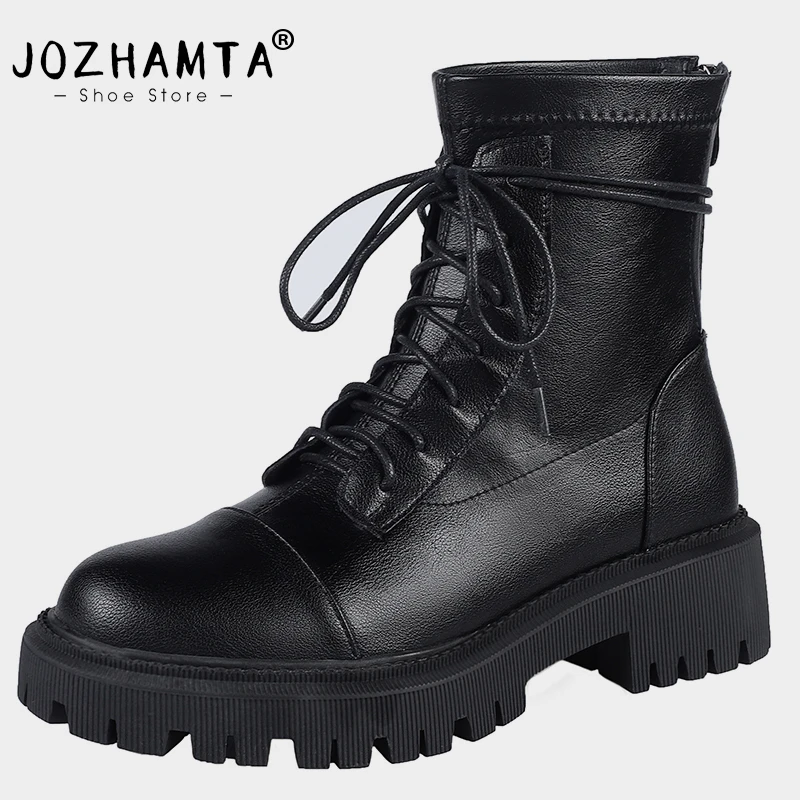 JOZHAMTA Size 34-43 Stretch Ankle Boots For Women Real Leather Thick Mid Heels Fall Winter Shoes Vintage Platform Short Booties