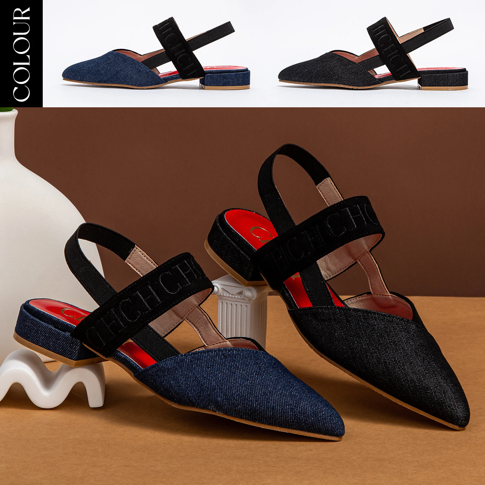 Fashionable Color Blocking Design with Denim Fabric Classic and Minimalist Women's Flat Shoes Exquisite Workmanship