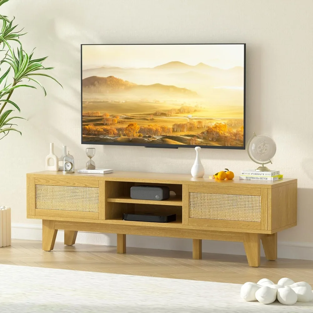 Rattan TV Stand , Boho Entertainment Center with Two Cabinets and Sliding Doors, Rattan Console for Living Room, Bedroom