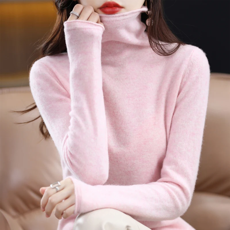 100% Wool Autumn Winter Women Sweater Turtleneck Cashmere Sweater Women Knitted Pullover Keep Warm Long Sleeve Loose Korean Tops