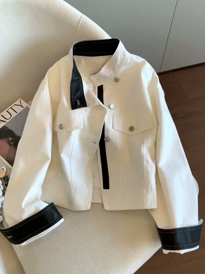 

Retro Color Blocked Stand Up Collar Workwear Jacket For Women In Spring And Autumn Loose And Casual Versatile Temperament Top