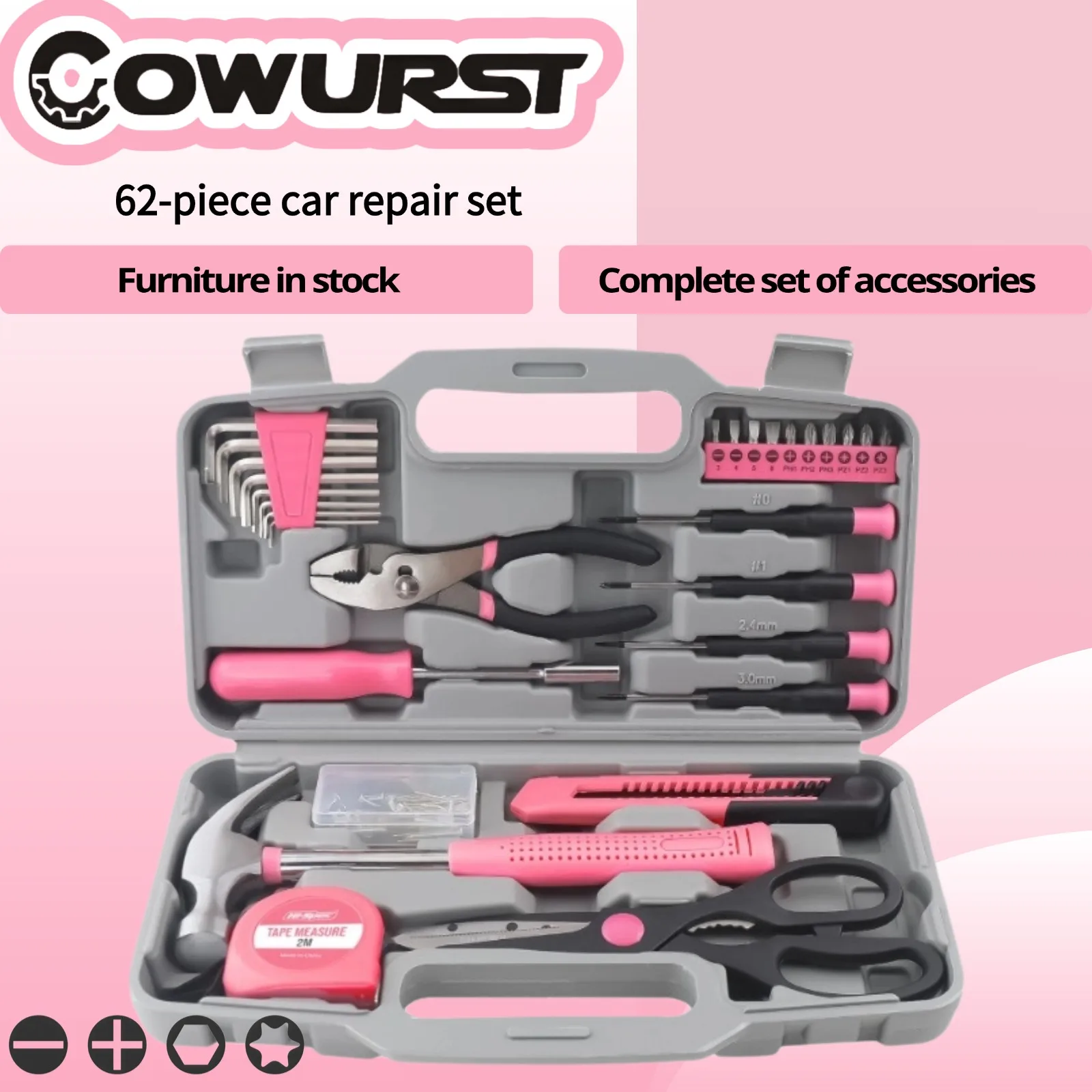 

62-Piece Pink Household Auto Repair Tool Set, Multifunctional Hand Tools with Portable Storage Box